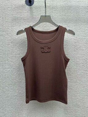 Celine Women Brown Rib‑Knit Sleeveless Tank Top